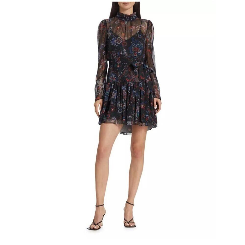 Veronica Beard Bolade Silk Tiered Minidress Women's 8 Black Paisley